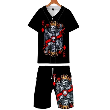 O verão masculino Conjuntos de Crânio & Pôquer de Impressão 3D de Manga Curta Baseball T-shirt e Calções de Praia 2 peças de Conjunto Casual de Sportswear Streetwear