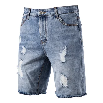 Os homens Verão Short Jeans Meninos Moda Japonesa Angustiado Azul Denim Shorts Plus Size Mens Casual Lavado Terry Shorts XXXL