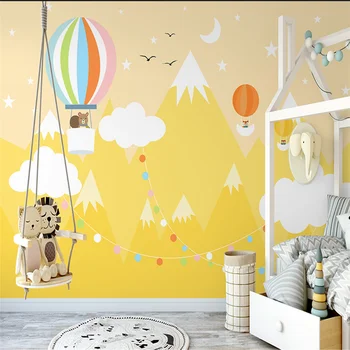 Papel de parede personalizado Nórdicos mão pintada de ouro de balão de ar quente de pequenos animais quarto de crianças na parede do fundo decorar mural