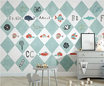Personalizado azul animais dos desenhos animados de tubarão-baleia geométricas alfabeto inglês para crianças, sala de plano de fundo, pintura de parede de fotos de papel de parede