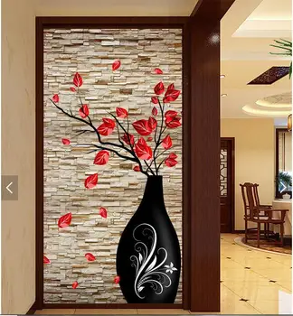Personalizado com foto 3d papel de parede Não tecido mural imagem adesivo de parede 3 d Tijolo parede de vaso de flor pintura decoração sala de estar