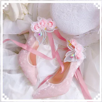 Princesa Lolita Doce Temperamento Elegante Palácio do laço de Fita Bowknot Flor de Mulheres Sapatos Stilettos Correias kawaii sapatos de pontas