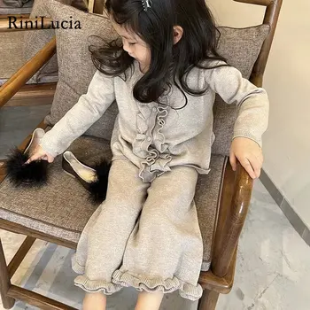 RiniKinda Treino de Roupas Terno Infantil Para Bebê Meninas 2pcs de Manga Longa de Malha Plissado Cardigan + Queimado Calças de Criança de Roupas