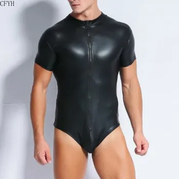 S-XXXL Homens de Couro Bodysuit Latex Catsuit de Couro Falso Crotchless de Gays Cosplay traje Sexy Traje de Uma Peça de roupa interior