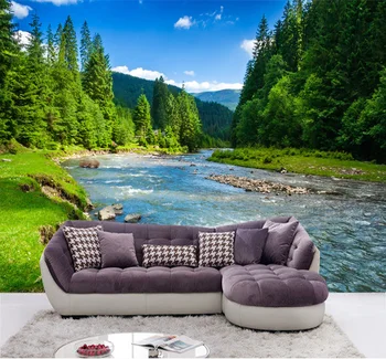 Tamanho personalizado 3d mural paisagem natural de floresta de montanha rio foto de plano de fundo de parede de sala de estar, quarto, sofá papel de parede do PVC de seda
