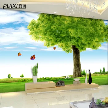Uma sala de estar aconchegante sofá de fundo papel de parede natureza murais UV árvore de gramado borboleta Tamanho Personalizado