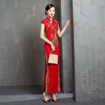Vermelho Chinês Tradicional Casamento Cheongsam Vestido Longo Bordado Qipao Retro Laço Brinde Vestido Novidade Roupas De Vestido Para As Mulheres