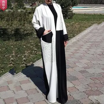 Vestimenta muçulmana mulheres dubai abaya diamante preto-e-branco correspondência de cores árabe vestido casual kaftan Turquia islâmica vestidos
