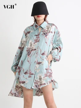 VGH Bater de Impressão de Cores de Camisas Para Mulheres Lapela de Manga Longa colcha de Retalhos Botão Temperamento Casual Blusa da Moda Feminina Outono 2023 Novo
