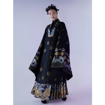ZhiZaoSi Dinastia Ming Preto Stand Colarinho Bordado Hanfu Cara De Cavalo Saia Mulheres Chinês Do Estilo Do Vestido De Casamento De Trajes Antigos